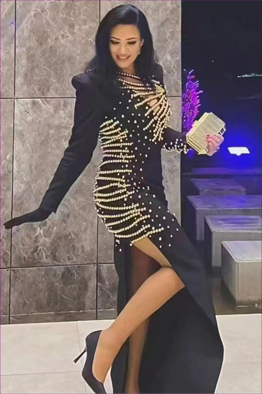 Beaded Cutout Maxi Dress with Long Sleeves - Luxe Night out for Bodycon, Cutout, Dresses, Evening Wear,