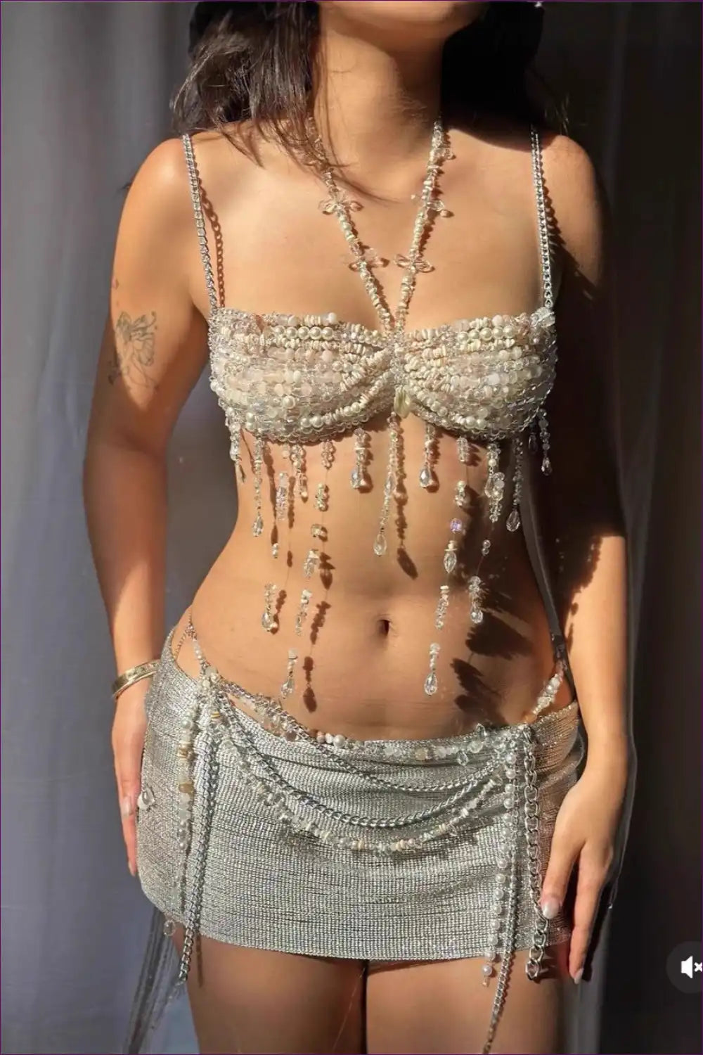 Beaded Embellished Halter Bra Top and Skirt Set - Party Luxe for Clubwear, co Ord, Crop, Cutout, Halter