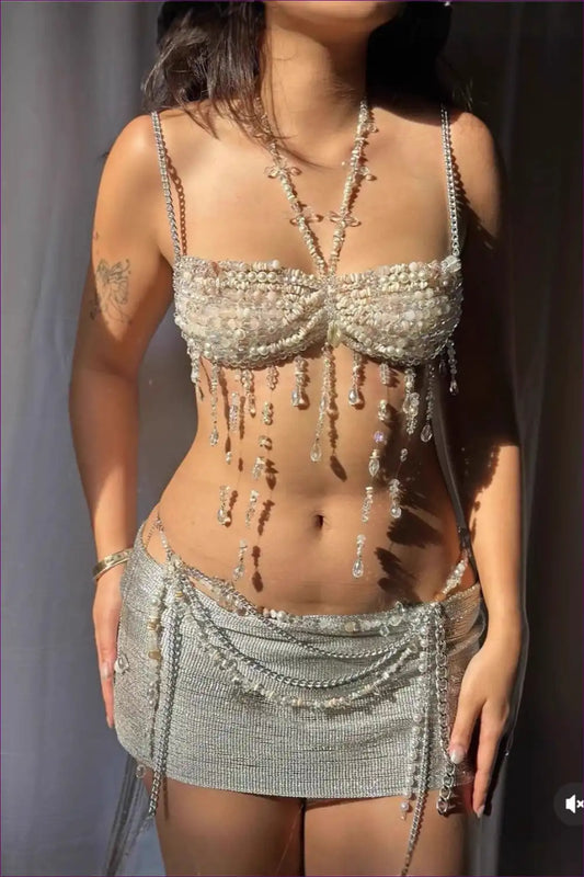 Beaded Embellished Halter Bra Top and Skirt Set - Party Luxe for Clubwear, co Ord, Crop, Cutout, Halter