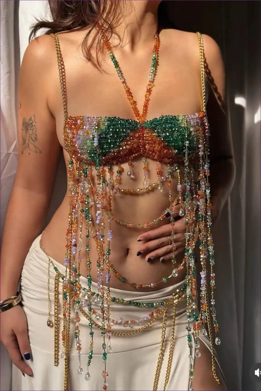 Beaded Fringe Halter Bra Top with Chains - Festival Luxe for Boho, Clubwear, Crochet, Crop, Cutout