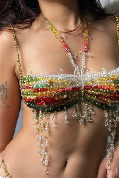 Beaded Halter Bra Top with Fringe - Festival Fantasy for Backless, Boho, Crop, Halter,