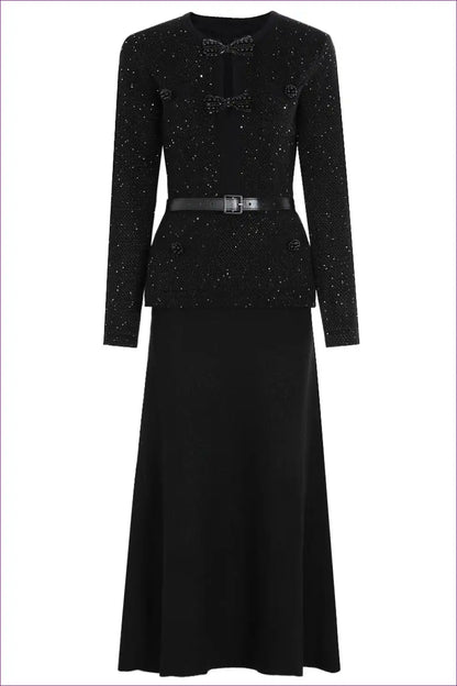 Beaded Knit Midi Dress with Belted Jacket - Elegant Occasion Set for Autumn, Bodycon, Everyday, just In,