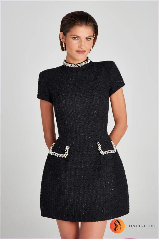 Beaded Tweed Mini Dress - Understated Glamour