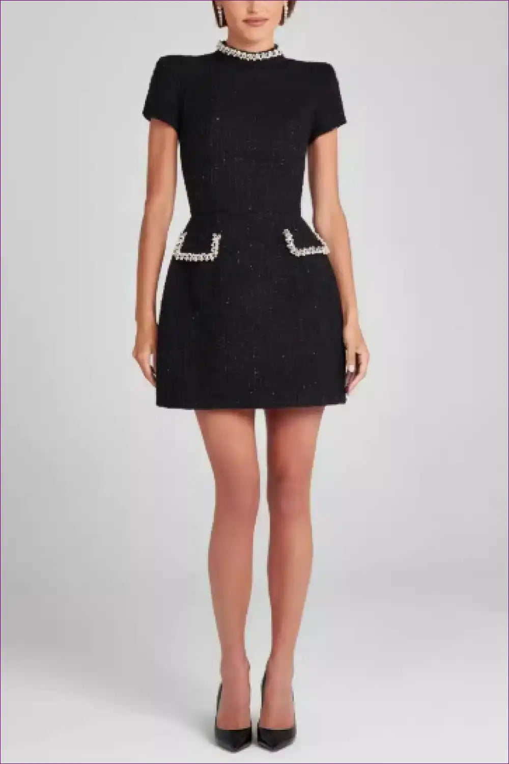 Beaded Tweed Mini Dress with Pockets - Classic Party Chic for A-line, Autumn, Evening Wear, Everyday, Formal