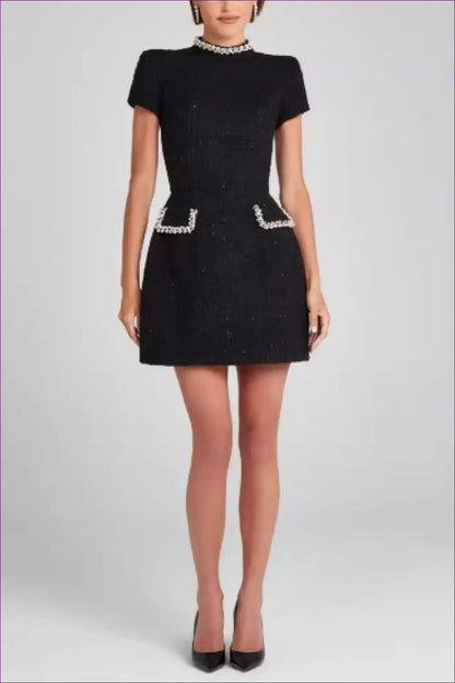 Beaded Tweed Mini Dress with Pockets - Classic Party Chic for A-line, Autumn, Evening Wear, Everyday, Formal