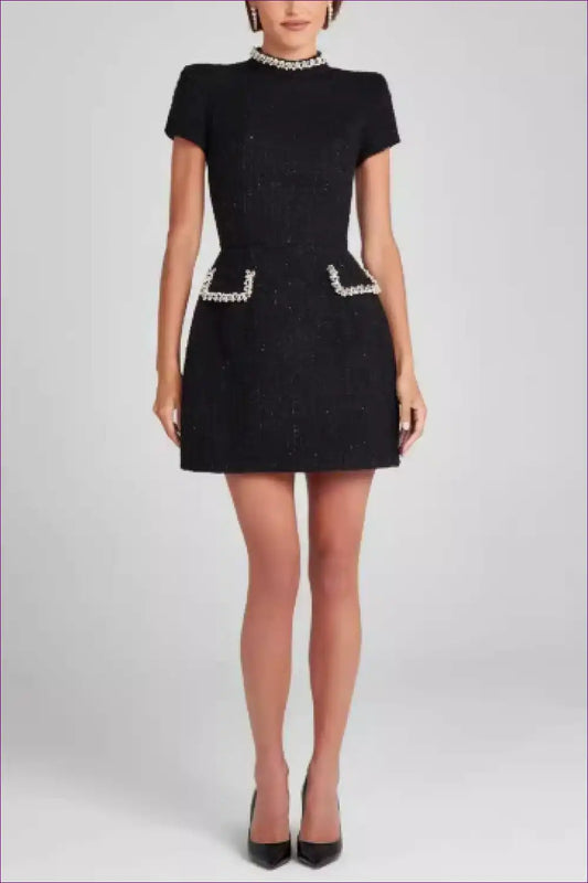 Beaded Tweed Mini Dress with Pockets - Classic Party Chic for A-line, Autumn, Evening Wear, Everyday, Formal