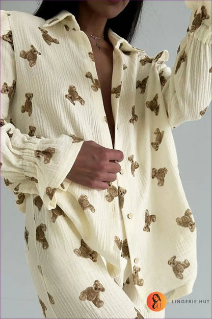 Snuggle Into Ultimate Comfort With Lingerie Hut’s Bear-printed Cotton Loungewear Set. 100% Cotton, Loose Fit,