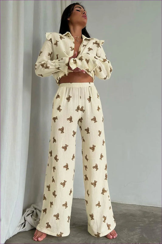 Snuggle Into Ultimate Comfort With Lingerie Hut’s Bear-printed Cotton Loungewear Set. 100% Cotton, Loose Fit,