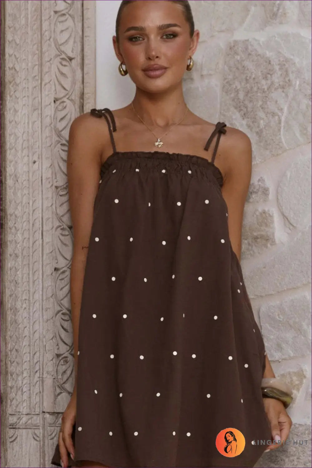 Beige Striped Knit Bodycon Mini Dress - Twist Bust - s / White Dots on Coffee Background - Boho • Elegant • Everyday