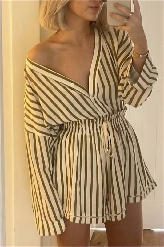 Beige Striped co Ord Set - Effortlessly Chic Daywear - Jumpsuits & Rompers - Lingerie Hut - Autumn • Casual • Everyday