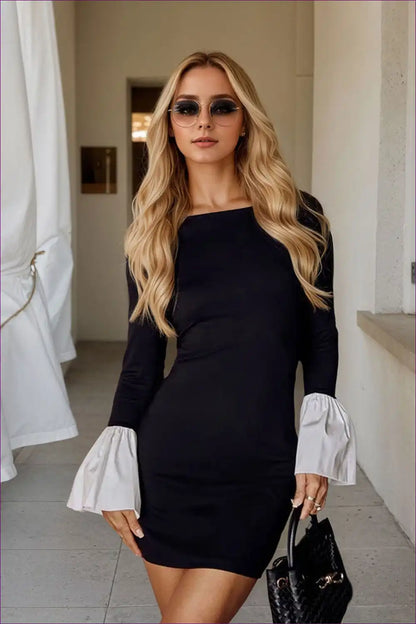 Bell Sleeve Mini Dress with Contrast Cuffs - Office for A-line, Autumn, Casual, Everyday, Formal Wear