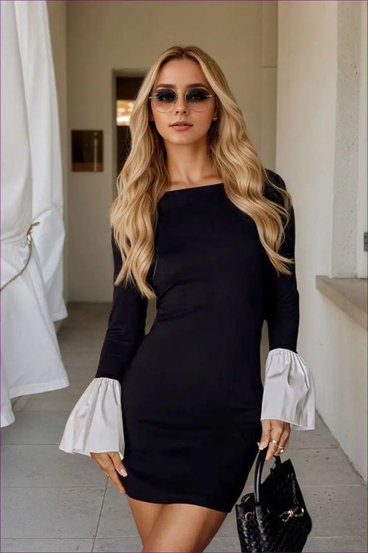 Bell Sleeve Mini Dress with Contrast Cuffs - Office for A-line, Autumn, Casual, Everyday, Formal Wear