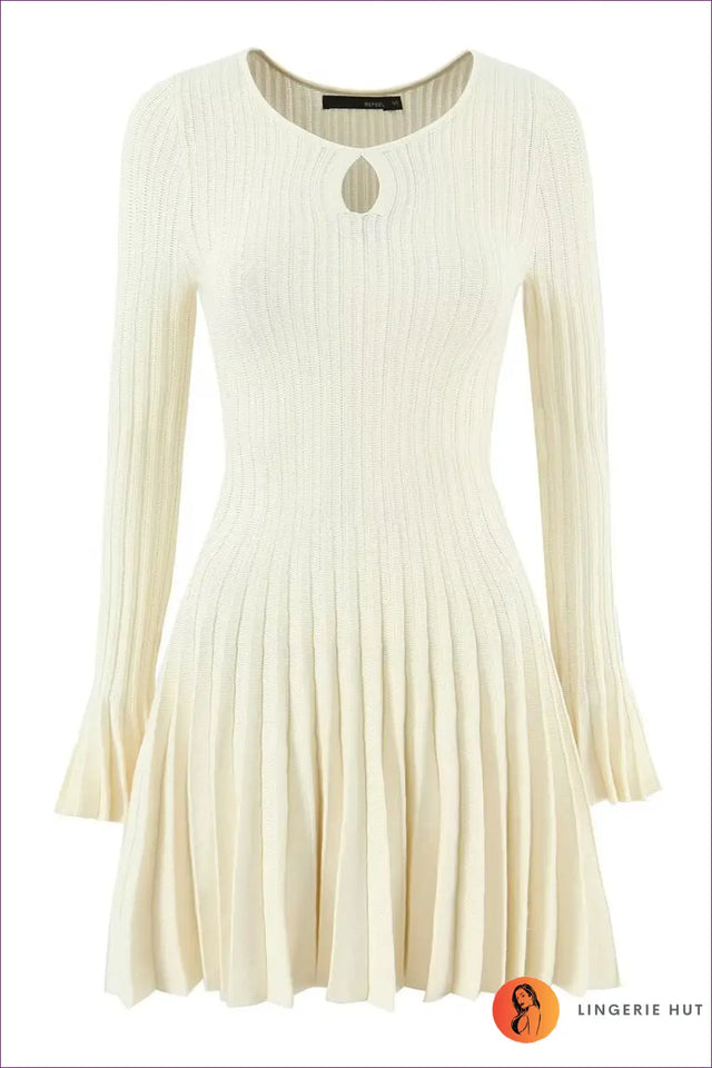 Bell Sleeve Pleated Knit Dress - French-Inspired Elegance