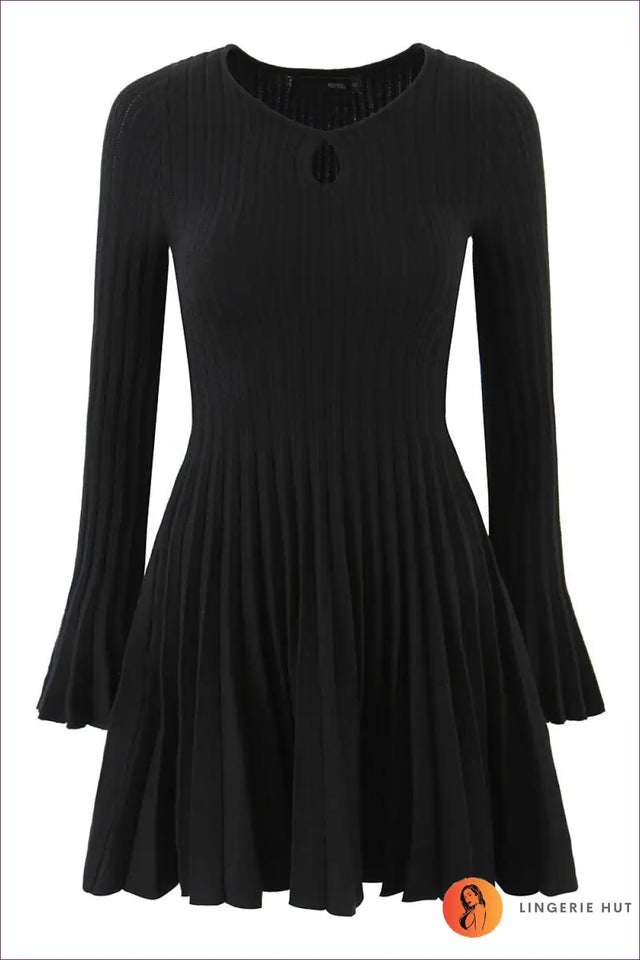 Bell Sleeve Pleated Knit Dress - French-Inspired Elegance