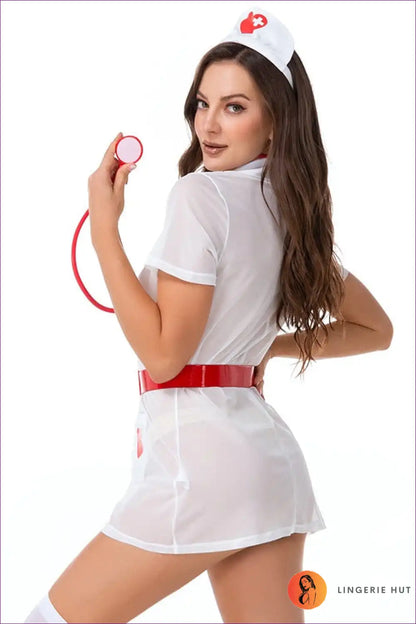 Experience Modern Comfort With Our Belted Button Up Nurse Uniform. Featuring White Laced Buttons,