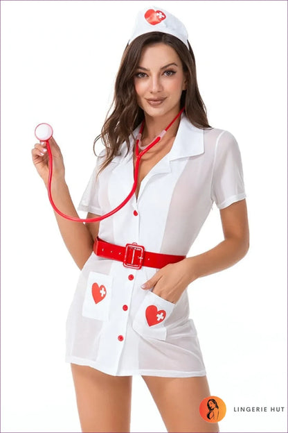 Experience Modern Comfort With Our Belted Button Up Nurse Uniform. Featuring White Laced Buttons,
