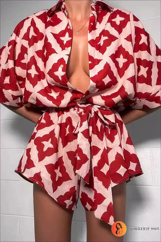 Belted Collared Playsuit with Batwing Sleeves - Bold Print