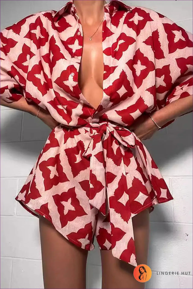 Belted Collared Playsuit with Batwing Sleeves - Bold Print