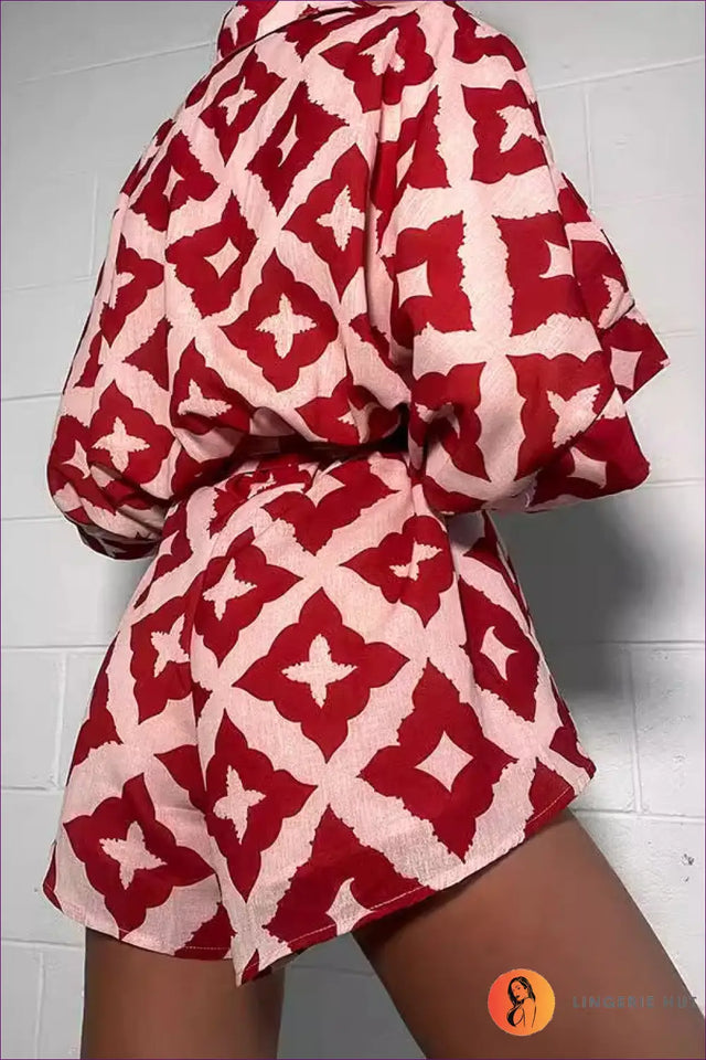 Belted Collared Playsuit with Batwing Sleeves - Bold Print
