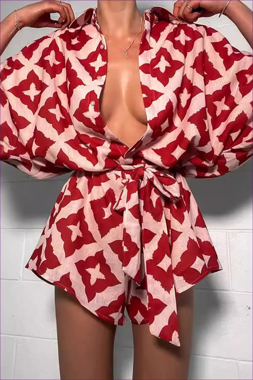 Belted Collared Playsuit with Batwing Sleeves - Bold Print for Floral, just In, Polyester, Spring, Summer