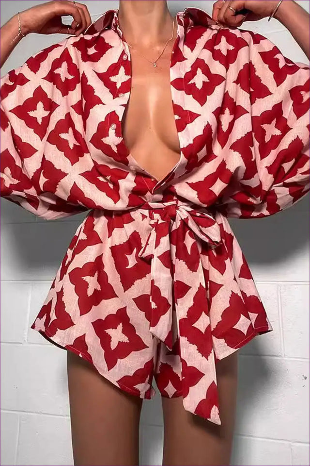 Belted Collared Playsuit with Batwing Sleeves - Bold Print