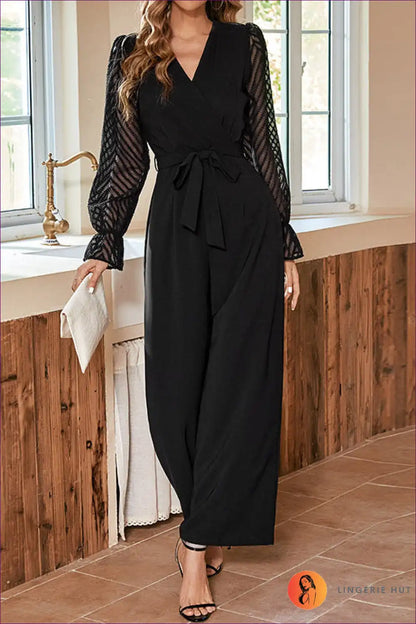 Step Into The Season With Our Belted Lace Jumpsuit. Crafted For Autumn Elegance, This V-neck Ensemble Long