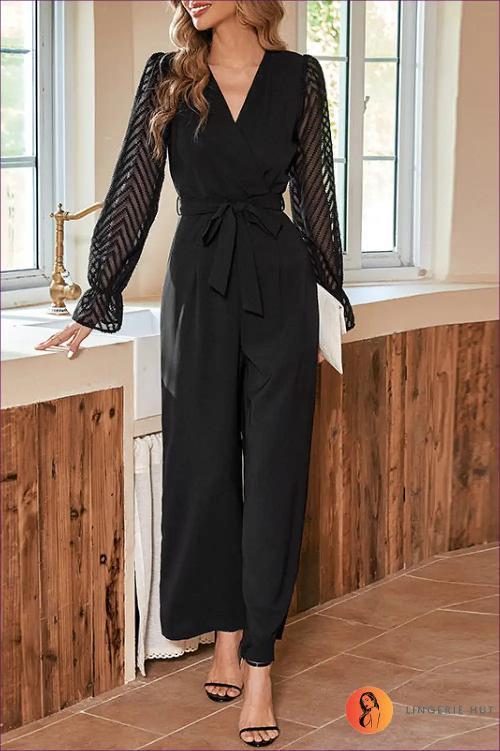 Step Into The Season With Our Belted Lace Jumpsuit. Crafted For Autumn Elegance, This V-neck Ensemble Long