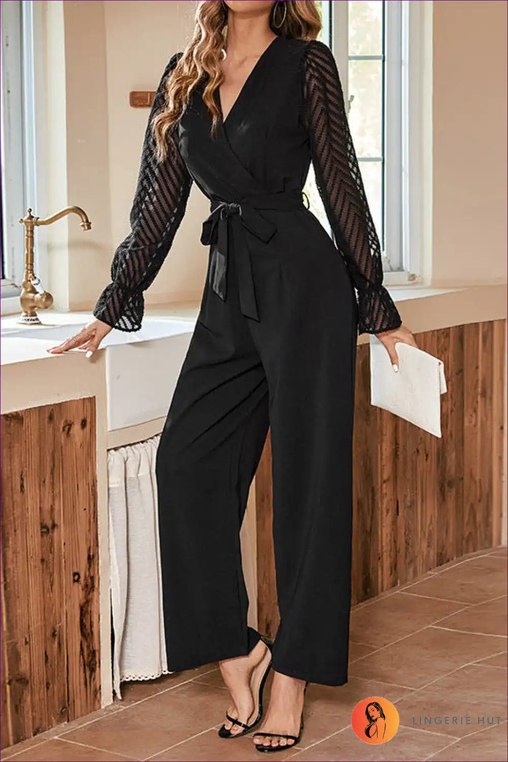 Step Into The Season With Our Belted Lace Jumpsuit. Crafted For Autumn Elegance, This V-neck Ensemble Long