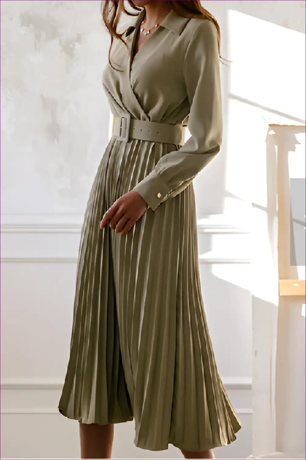 Belted Pleated Midi Dress - Quiet Confidence for Every Occasion - Dresses - A-line • All Season • Autumn • Belted