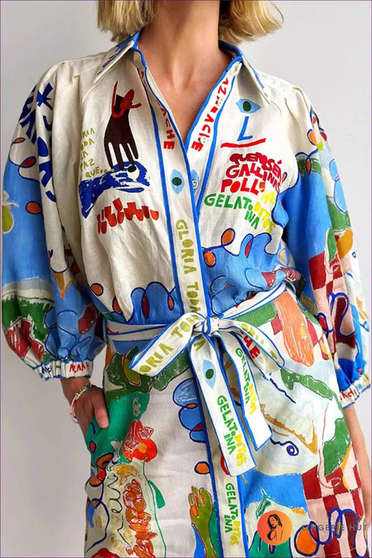 Belted Printed Shirt Dress with Puff Sleeves - Playful for a Line, Casual, Dresses, Everyday, Floral