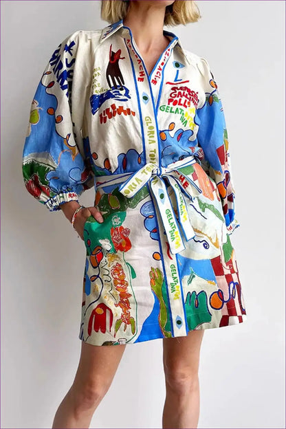Belted Printed Shirt Dress with Puff Sleeves - Playful for a Line, Casual, Dresses, Everyday, Floral