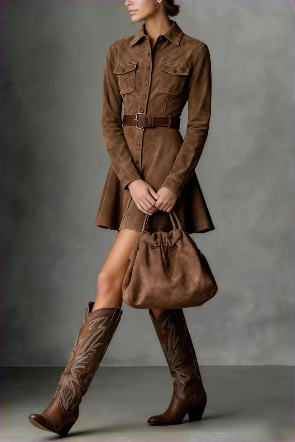 Belted Shirt Dress with Utility Pockets - Autumn for A-line, Autumn, Casual, Everyday,