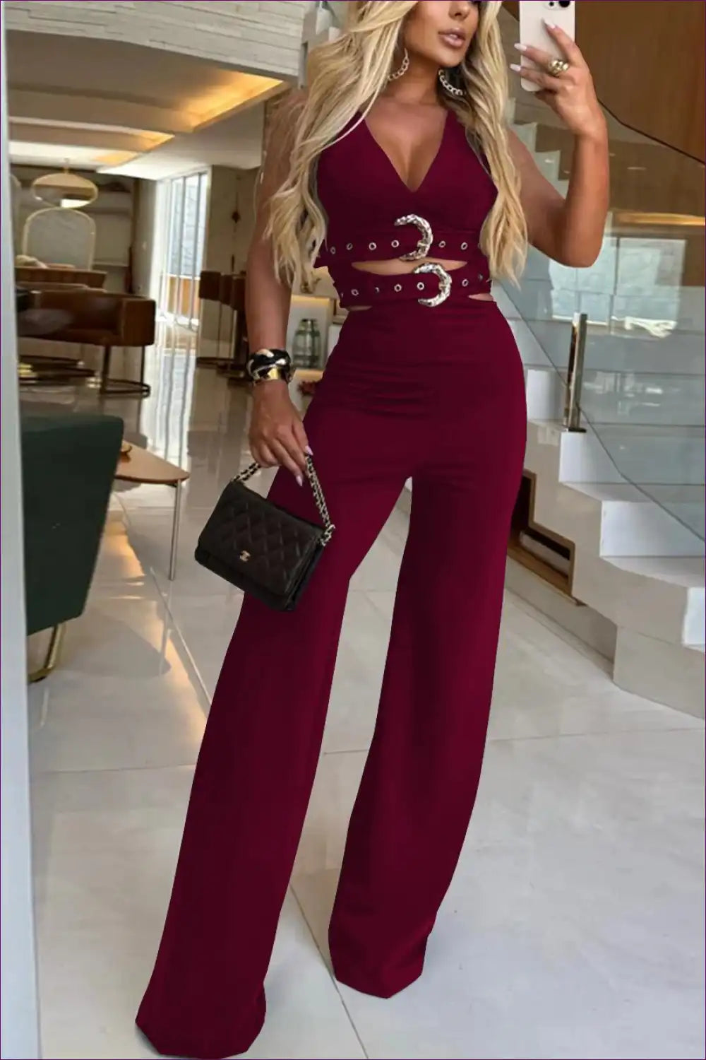 Belted V-neck Top and High-rise Trouser Set - Effortless Elegance for Casual, co Ord, Everyday, Polyester,