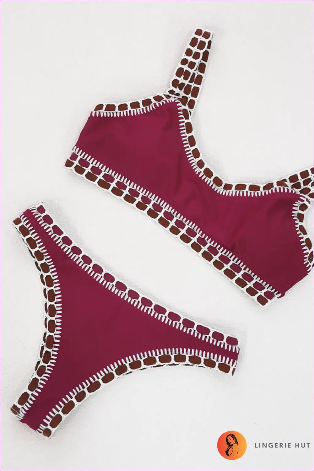 Bikini with Crochet Trim Detail - Artisan Elegance - s / Burgundy - Lingerie Hut - Beachwear • Boho • Casual