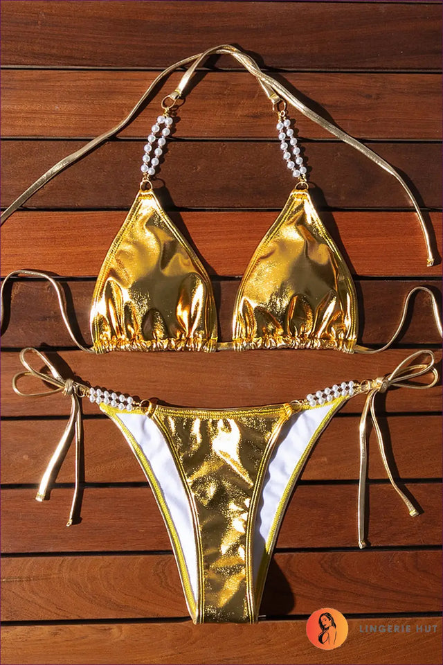 Metallic Bikini with Pearl Chain - Luxe Poolside Energy