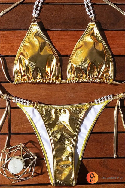 Bikini with Pearl Chain Details - Luxe Poolside for Beachwear, Bikini, Cutout, Glamour, Halter