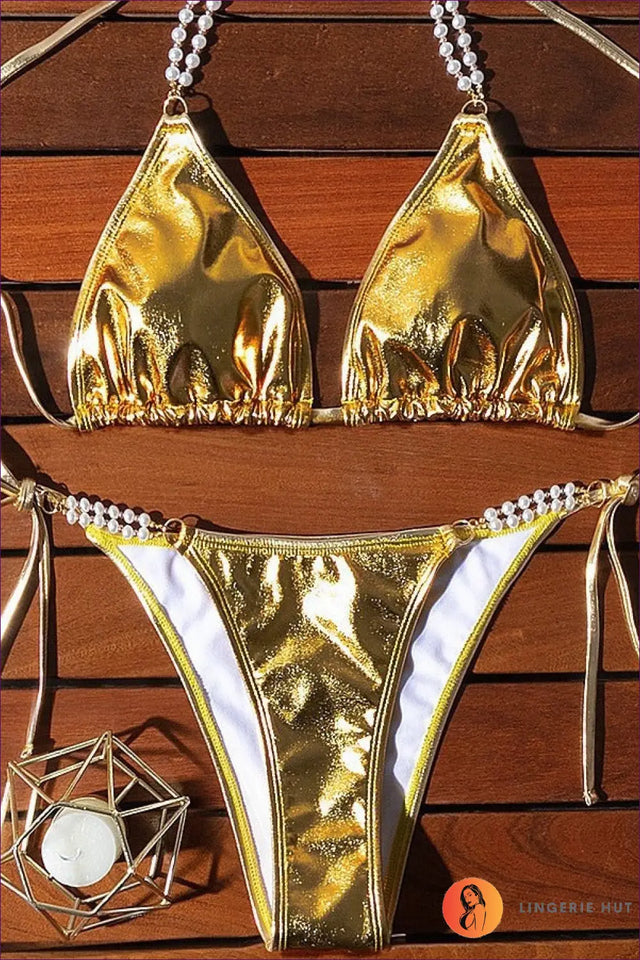 Metallic Bikini with Pearl Chain - Luxe Poolside Energy