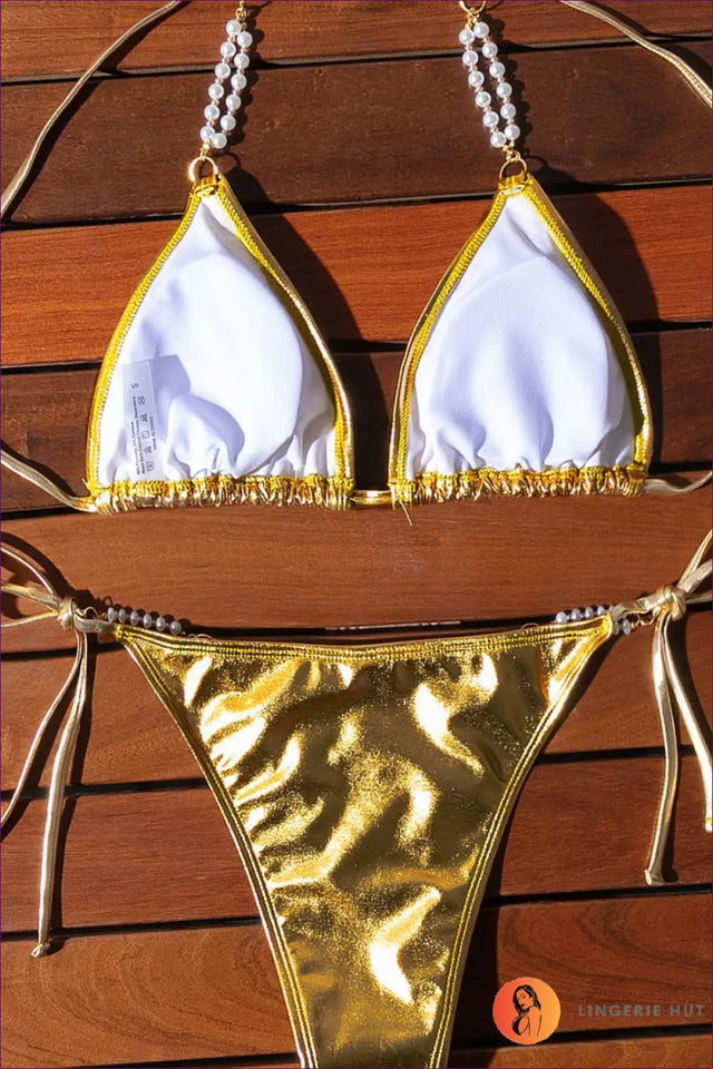 Metallic Bikini with Pearl Chain - Luxe Poolside Energy