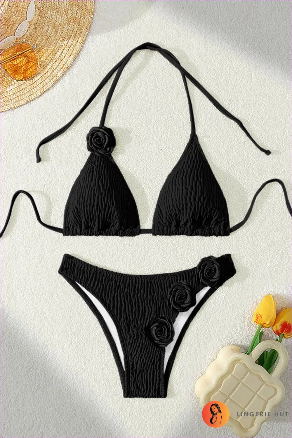 Bikini with Rose Detail Straps - Poolside Glamour for Beachwear, Bikini, Cutout, Floral,