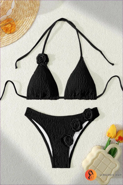 Bikini with Rose Detail Straps - Poolside Glamour for Beachwear, Bikini, Cutout, Floral,