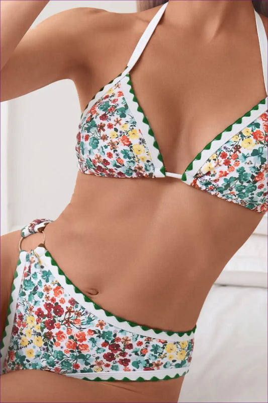 Bikini with Scalloped Trim - Garden Party Vibes for Beachwear, Bikini, Cutout, Floral, Glamour