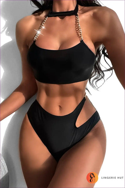 Bikini Set with Chain Halter and High Waist Cutout Detail for Beachwear, Bikini, Cutout, Halter,