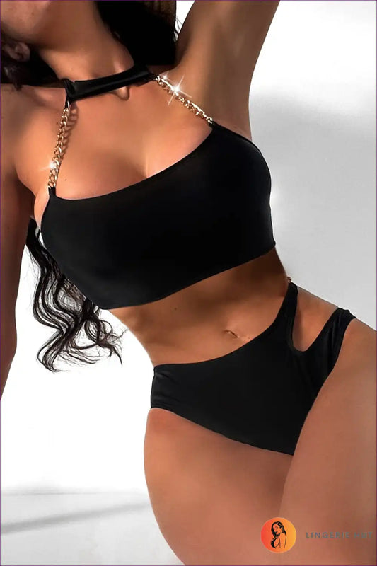 Bikini Set with Chain Halter and High Waist Cutout Detail for Beachwear, Bikini, Cutout, Halter,