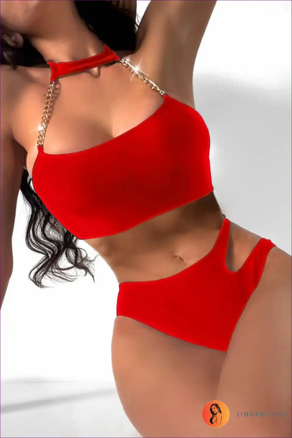 Bikini Set with Chain Halter and High Waist Cutout Detail for Beachwear, Bikini, Cutout, Halter,