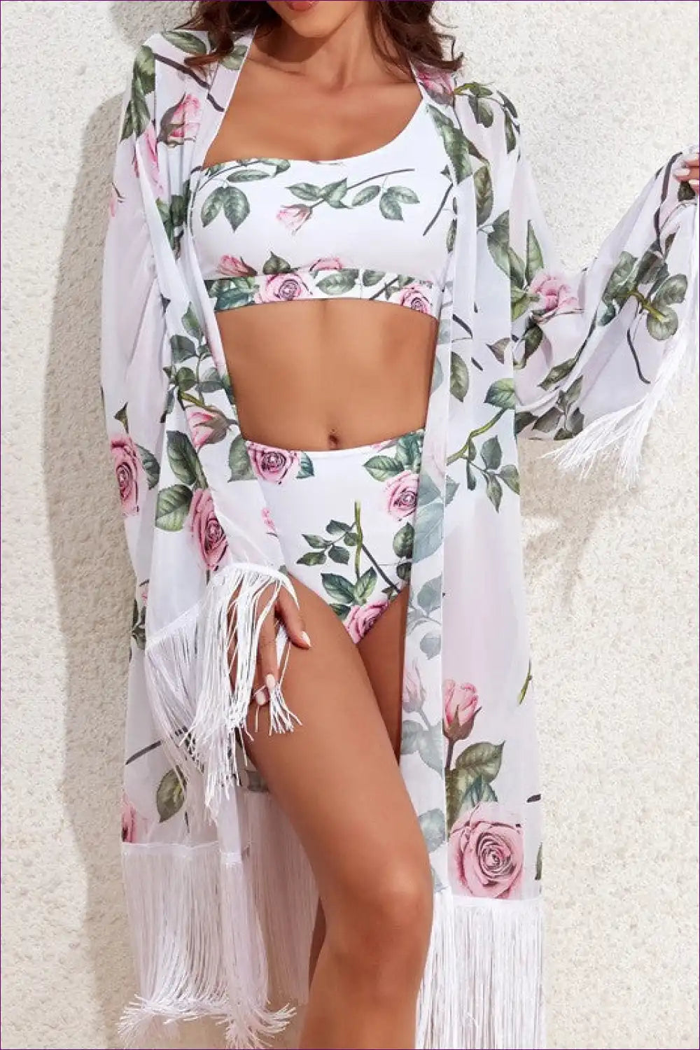 Bikini Set with Fringe Kimono - Bohemian Luxe for Beachwear, Bikini, Boho, Casual, Cover Up