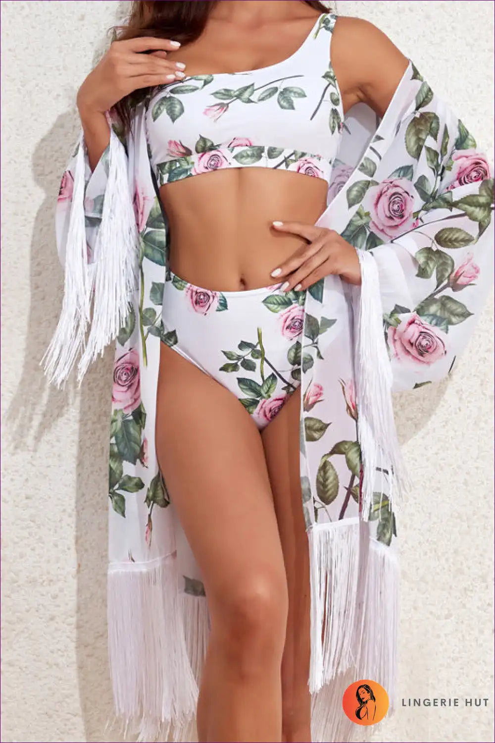 Bikini Set with Fringe Kimono - Bohemian Luxe for Beachwear, Bikini, Boho, Casual, Cover Up