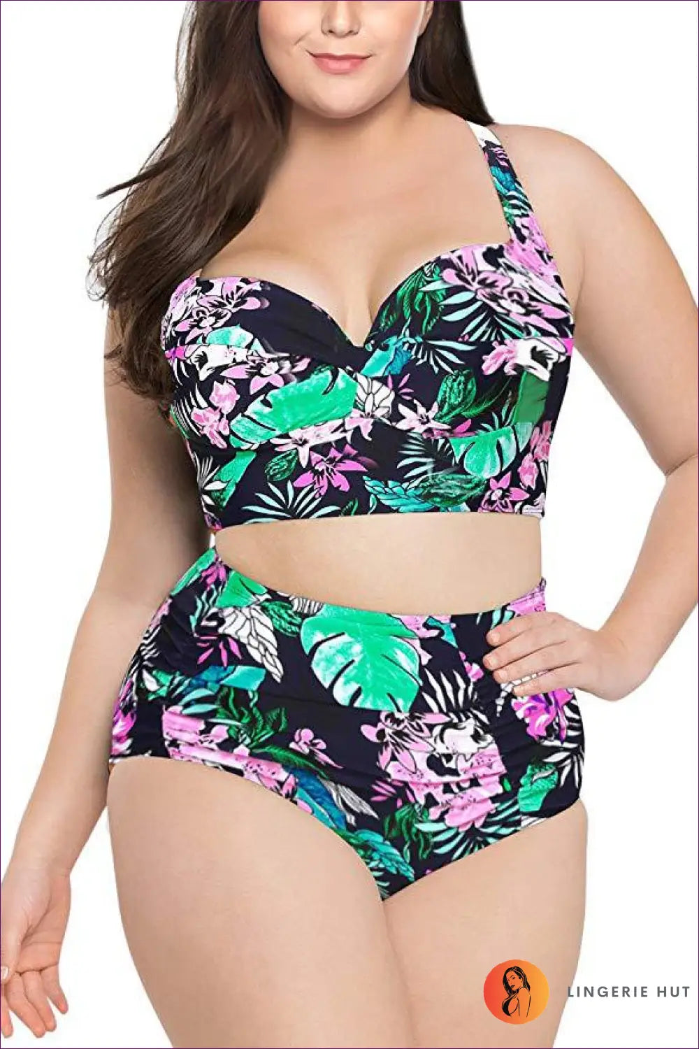 High Waist Bikini Set - Vintage Poolside Glamour - l / Dark Floral Color - Lingerie Hut - Beachwear • Casual • Cutout