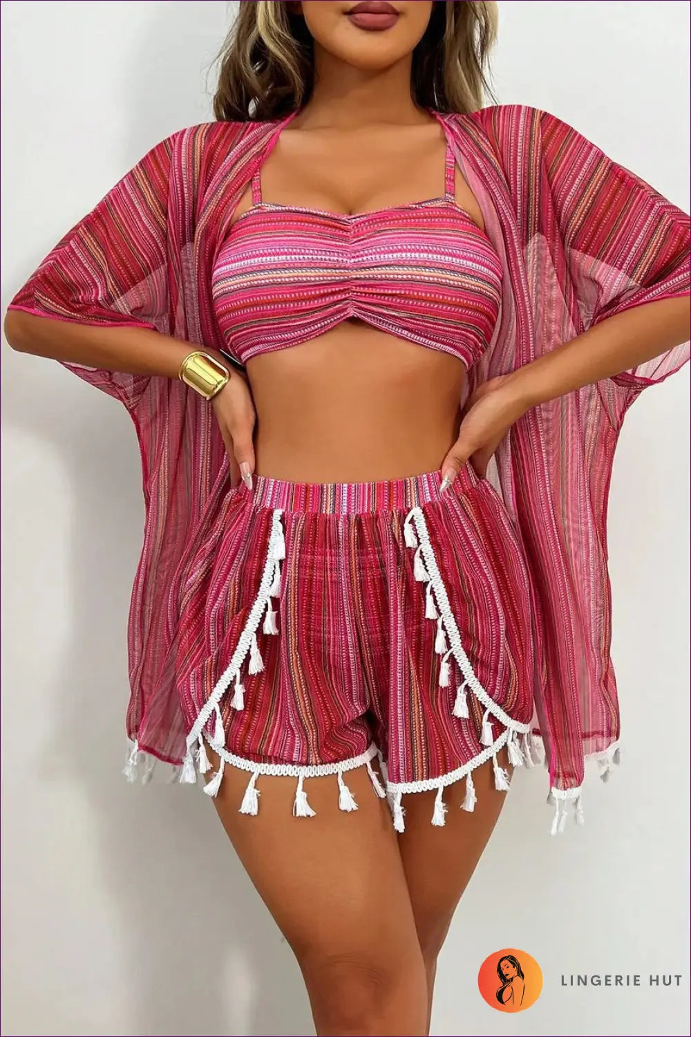 Bikini Set with Kimono Cover-up - Festival Ready - s / Red Stripe - Lingerie Hut - Beachwear • Boho • Casual • Cover Up