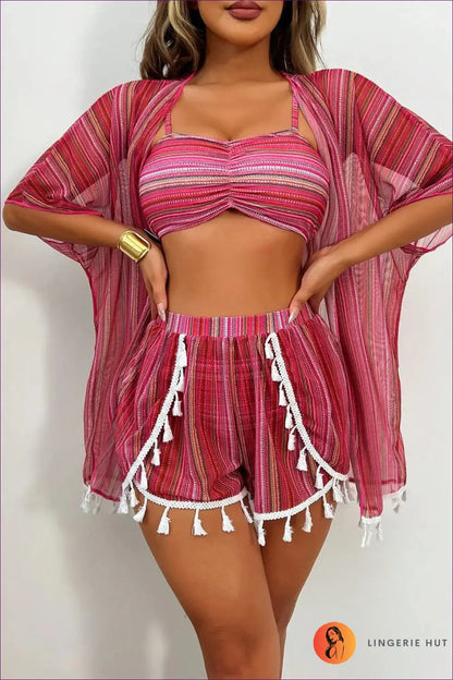 Bikini Set with Kimono Cover-up - Festival Ready - s / Red Stripe - Lingerie Hut - Beachwear • Boho • Casual • Cover Up