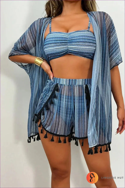 Bikini Set with Kimono Cover-up - Festival Ready - s / Blue & Gray Stripes - Lingerie Hut - Beachwear • Boho • Casual